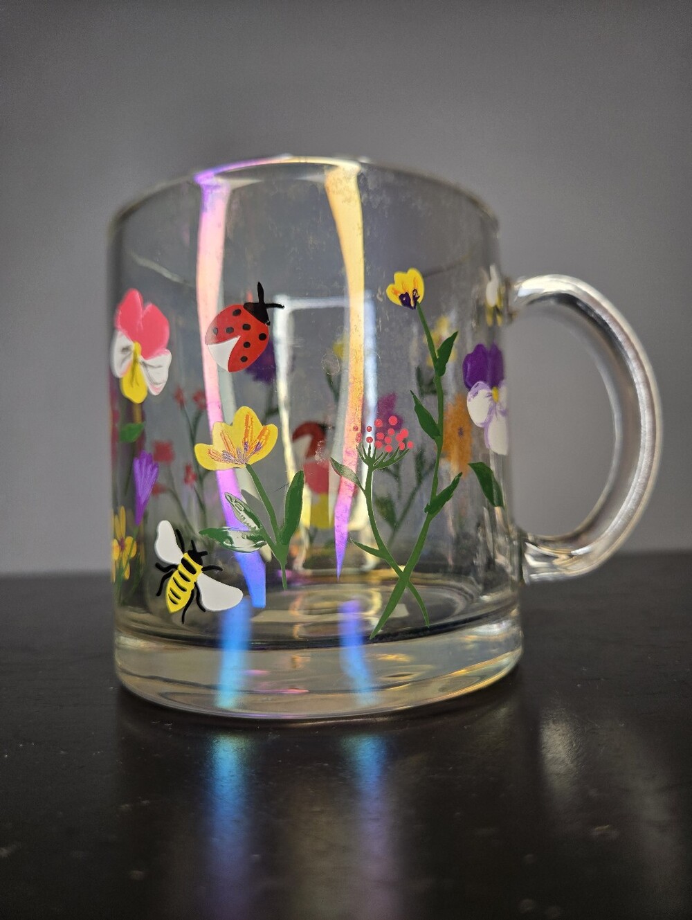 Iridescent Floral and Ladybug Large 22oz Clear Heat Proof Coffee Mug UNUSED